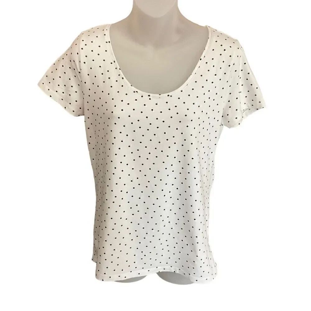 H&M Top Tee Shirt Scoop Neck Stretch White Black Polka Dots Women Size Large